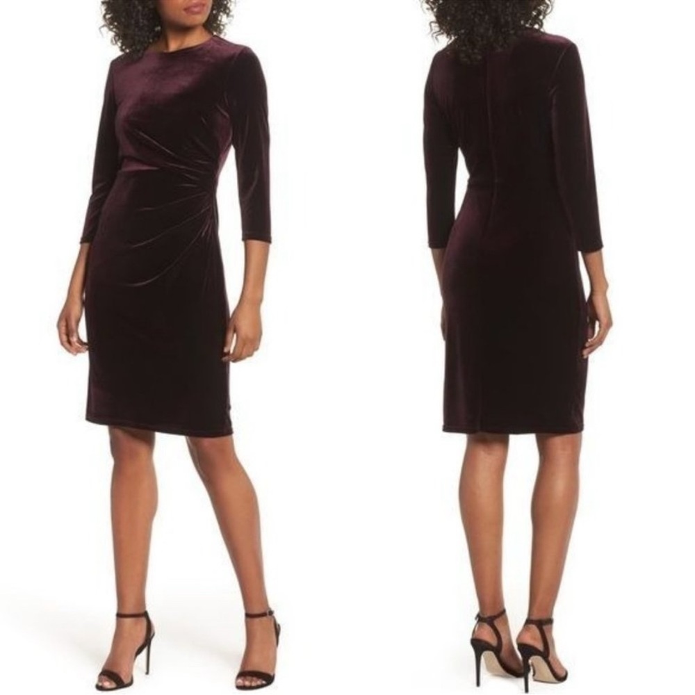 Eliza J Deep Purple Velvet Ruched Sheath Dress Long Sleeve Size 16